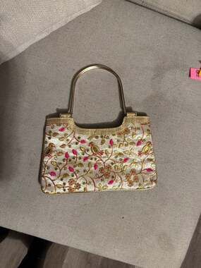 Traditional Indian Silk Embroidered Evening Bag with Gold Bangle Handle